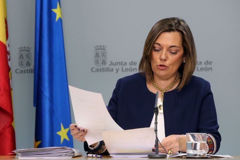 La consejera de Agricultura y portavoz de la Junta, Milagros Marcos, durante la rueda de prensa posterior al Consejo de Gobierno de Castilla y León