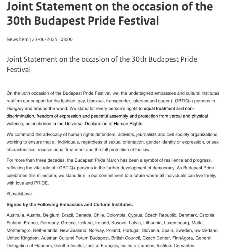 Comunicado de embajadas y organizaciones internacionales respaldando la celebración del Orgullo Gay en Budapest