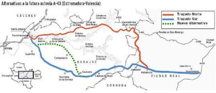 Trazados posibles para la A-43 hasta Extremadura