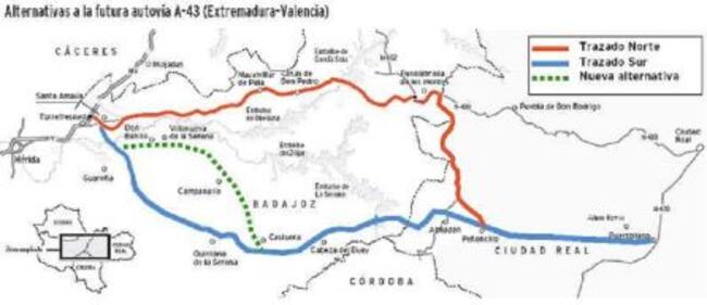 Trazados posibles para la A-43 hasta Extremadura