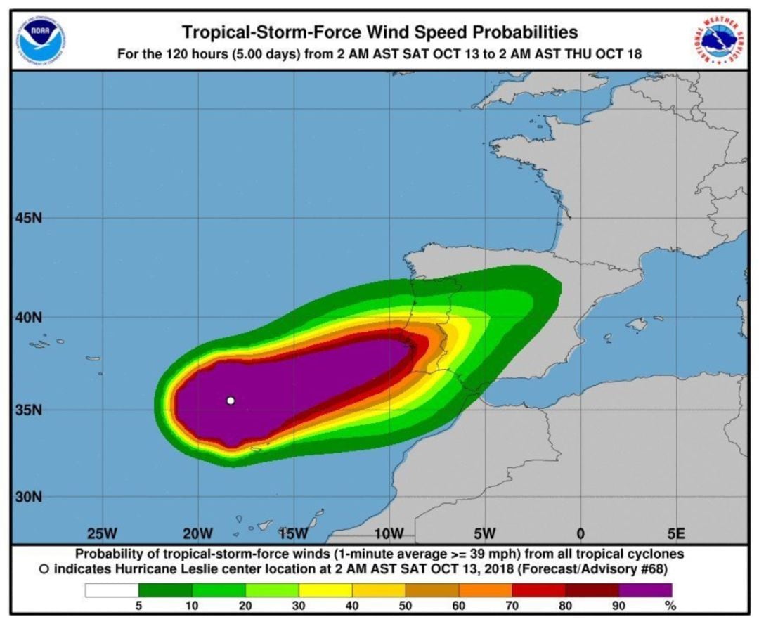 El huracán Leslie entrará de madrugada en España con intensidad de tormenta tropical