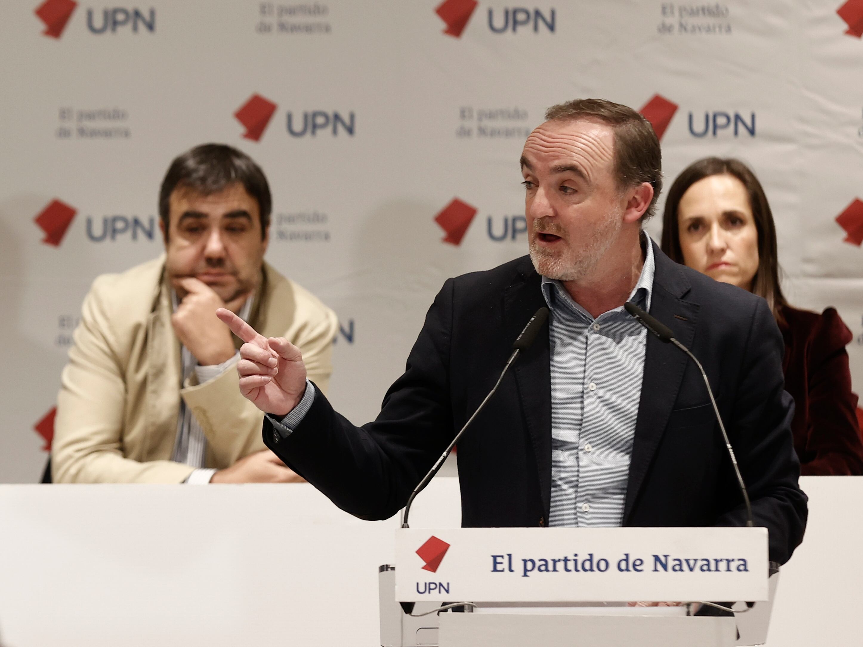 El presidente de UPN, Javier Esparza en el comienzo de la asamblea general anual de afiliados del partido que han celebrado este domingo.