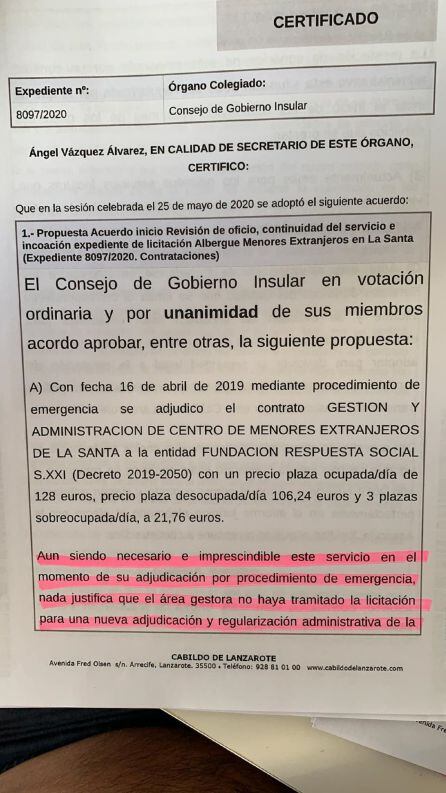 Extracto del informe jurídico que reprocha al gobierno no tramitar la nueva licitación del albergue de La Santa.