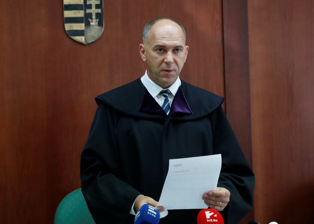 Hungarian judge Erik Mezolaki delivers the verdict in the case of Syrian-Cypriot Ahmed Hamed accused of illegally crossing the border and playing a part in a riot at Hungary&#039;s border with Serbia in September 2015. 