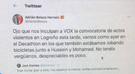 El tweet borrado del candidato de Vox a la alcaldía de Logroño, Adrián Belaza