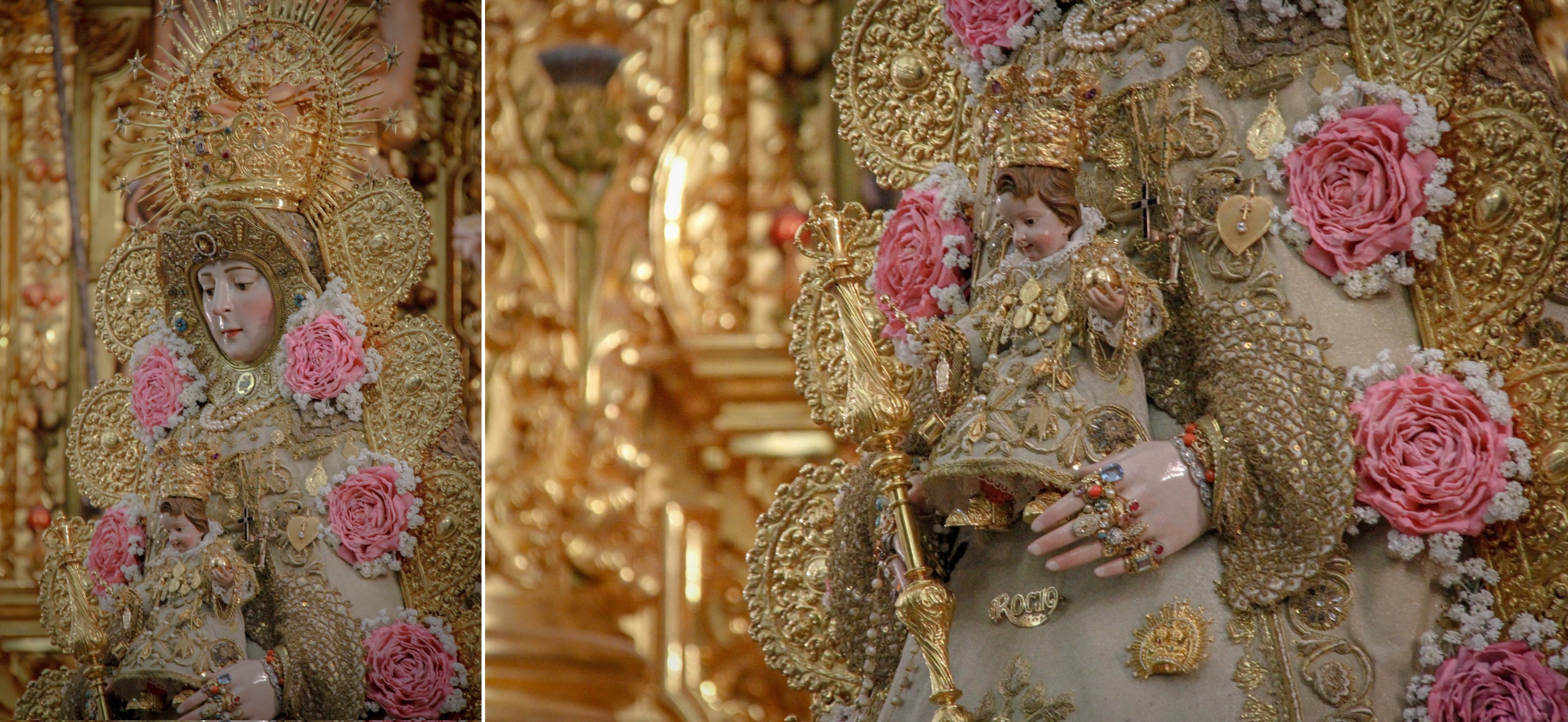 Detalle de la Virgen del Rocío y el Pastorcito Divino tras su restauración