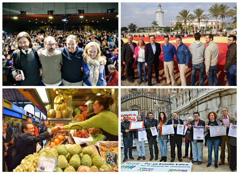 Imagen de los actos de Podemos, PP, PSOE y UP-IU en Málaga