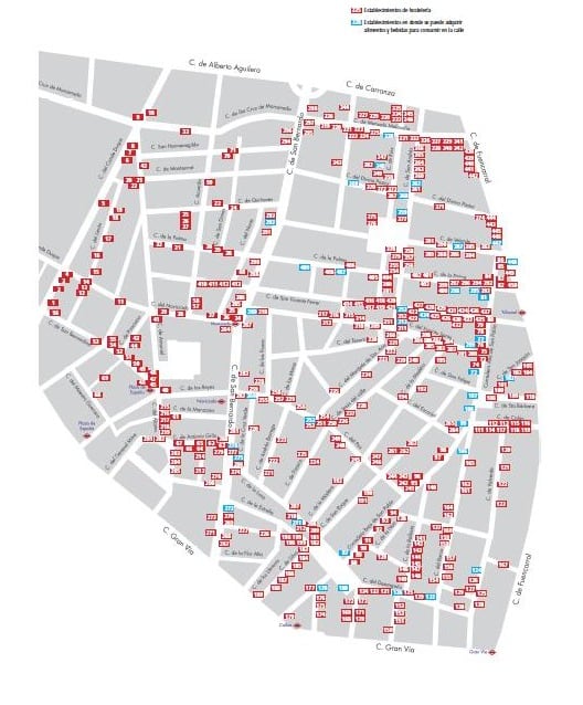 Concentración de bares y locales de copas en el barrio de Universidad