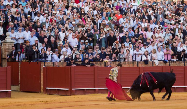 GRAF5477. SEVILLA, 16-04-2018.- El diestro Julian López, &quot;El Juli&quot;, conduce a chiqueros a su segundo toro de la tarde de la octava corrida de abono de la Plaza de la Maestranza de Sevilla, Orgullito, tras haber sido indultado y al que ha cortado dos oreja