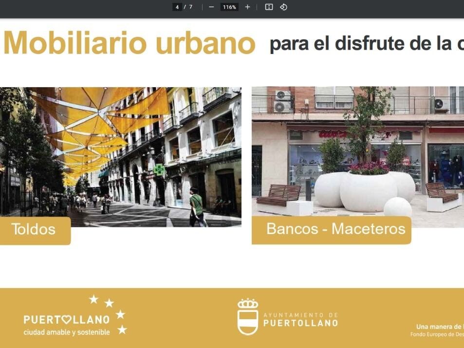 Modelo de toldos, bancos y mupis digitales que se instalarán en el centro comercial abierto de Puertollano