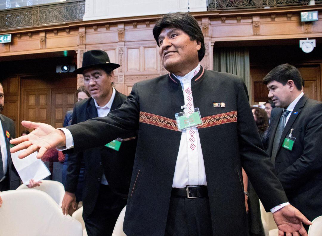 El presidente de Bolivia, Evo Morales, hoy en la sede de la Corte Internacional de Justicia