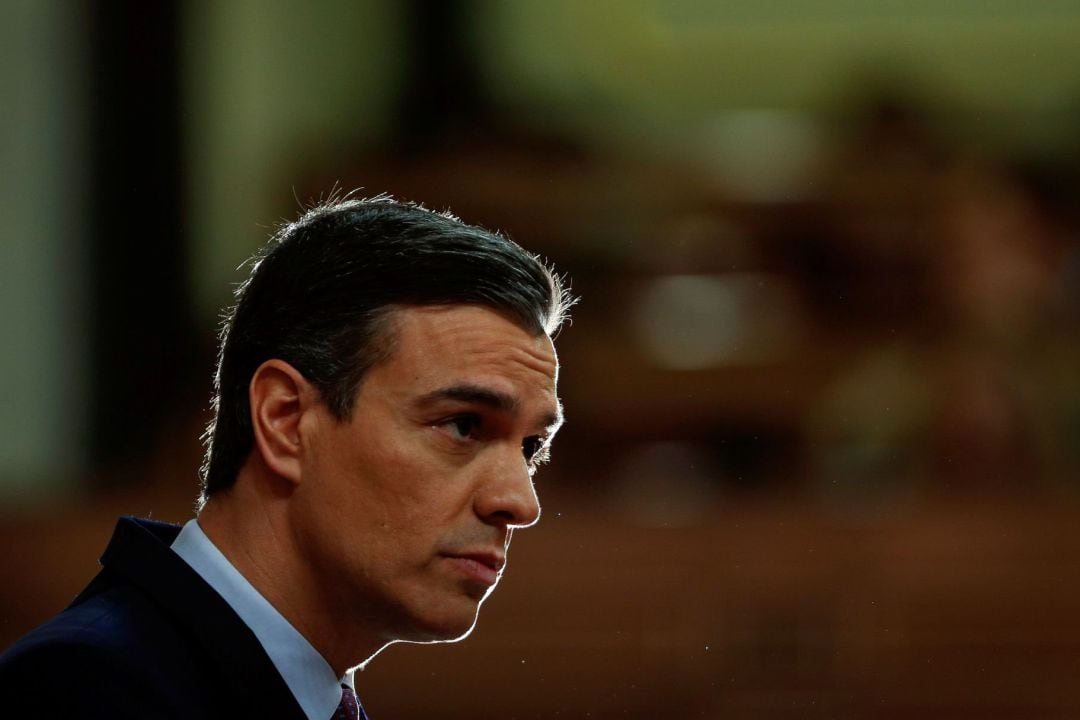 El candidato a la Presidencia del Gobierno, Pedro Sánchez, hoy sábado, en el Congreso de los Diputados durante su intervención en la primera jornada de su investidura como presidente del Gobierno. 