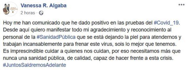 Post de Facebook de Vanessa Romero confirmando su contagio por COVID-19
