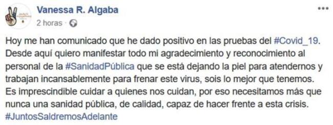 Post de Facebook de Vanessa Romero confirmando su contagio por COVID-19