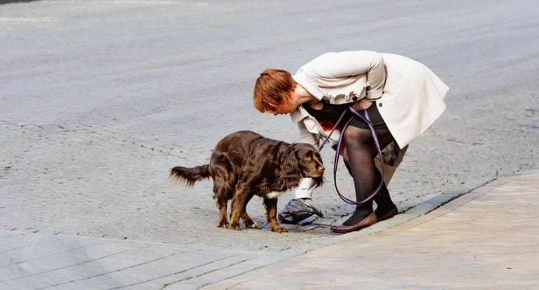 Perro y dueña recogiendo heces
