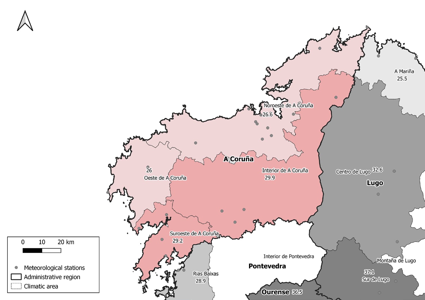 Mapa de temperaturas a las que se disparan las muertes por calor dentro de la provincia de A CoruñaInstituto de salud Carlos III