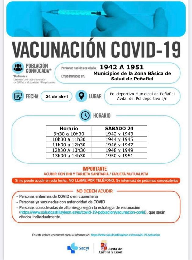 Horario de vacunación en Peñafiel para el 24 de abril