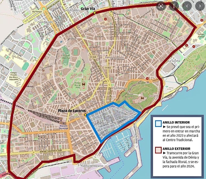 Plano de los dos anillos del proyecto de la Zona de Bajas Emisiones del Ayuntamiento de Alicante