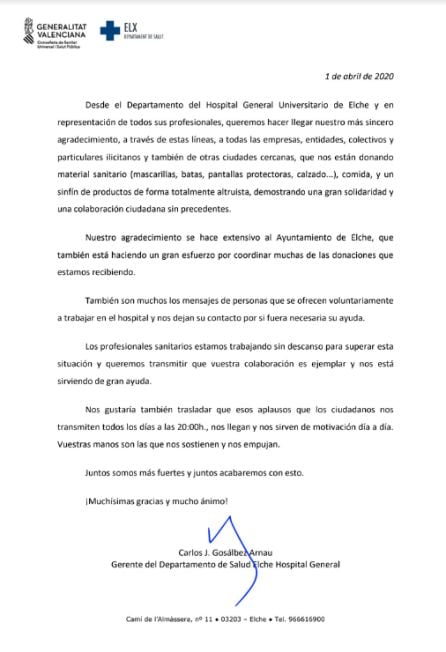 Carta del Hospital de Elche a la ciudadanía