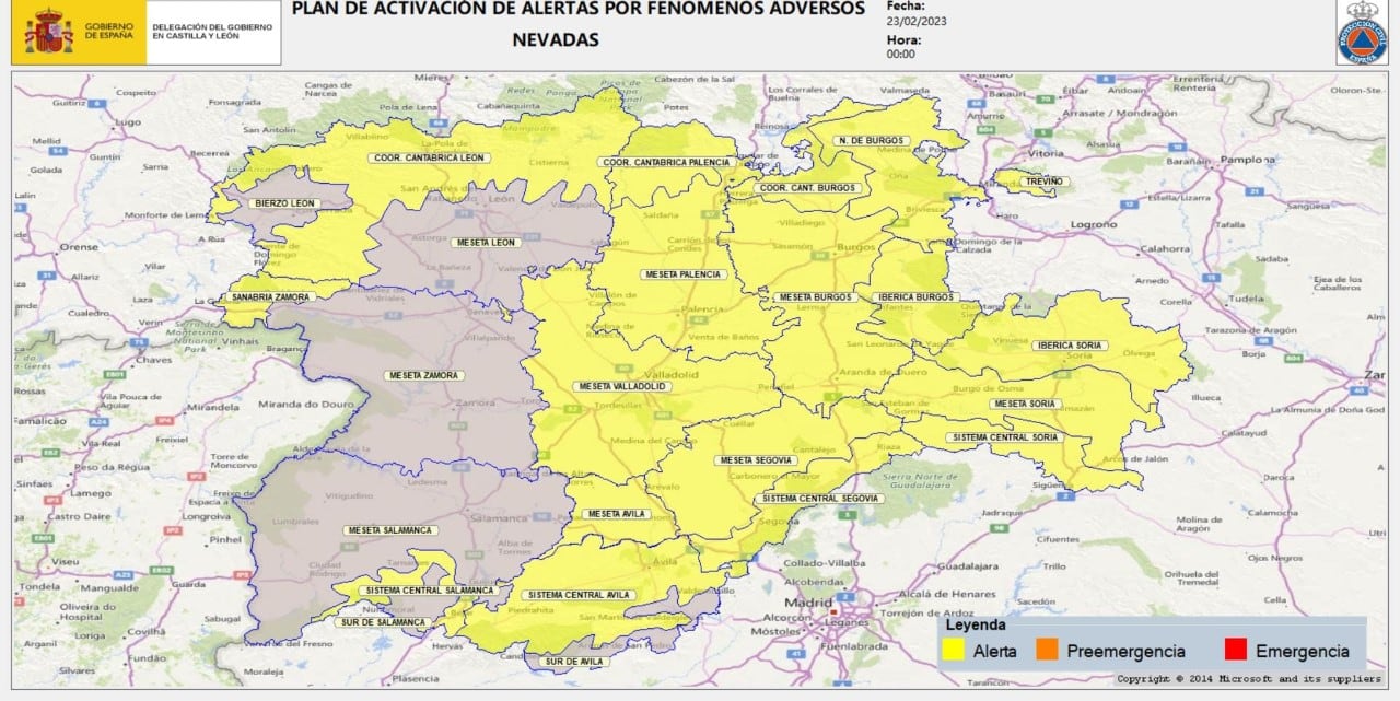 Imagen cedida por la Delegación del Gobierno en Castilla y León. Mapa de la activación de alerta por situaciones meteorológicas extremas