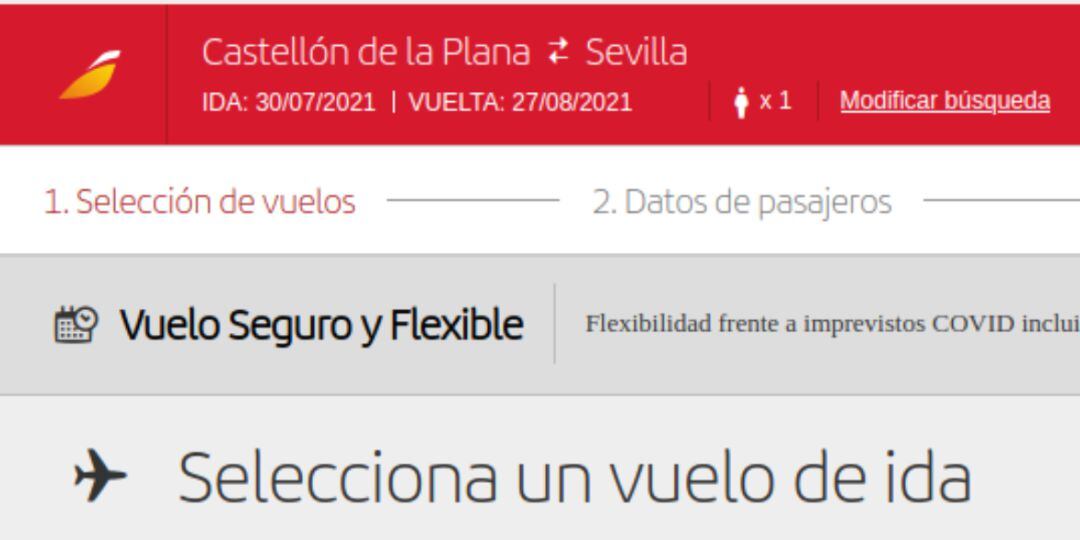 Página web de Iberia con los vuelos Castellón Sevilla