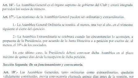 Parte de articulado de los estatutos del club donde habla sobre las asambleas.