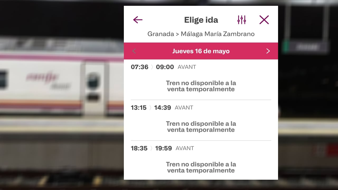 Renfe bloquea los billetes de los trenes Granada-Málaga por falta de trenes y no levanta la medida aunque finalmente realice el servicio con otros trenes o autobuses