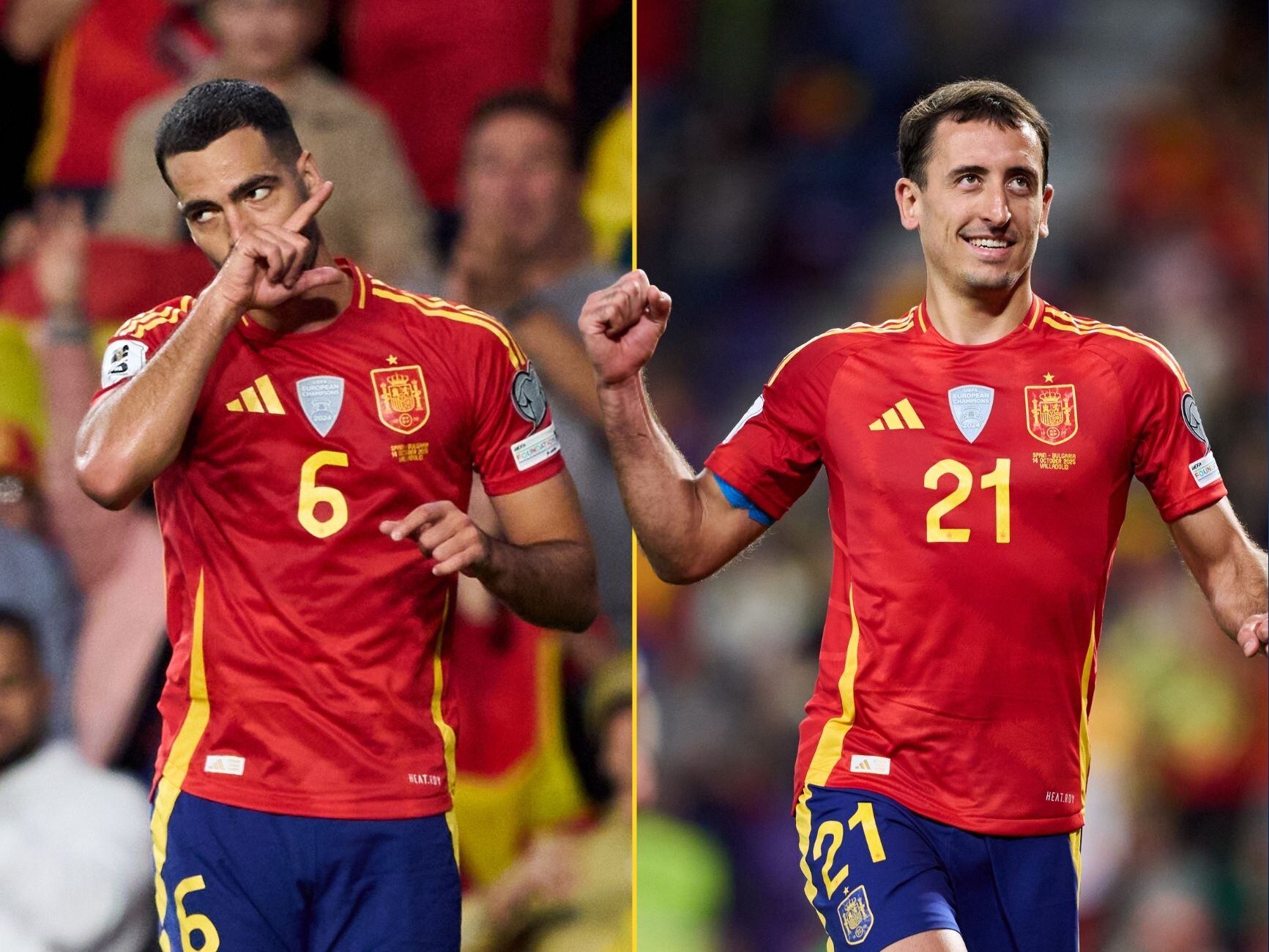 En un montaje, Mikel Merino y Mikel Oyarzabal celebran goles con la selección española