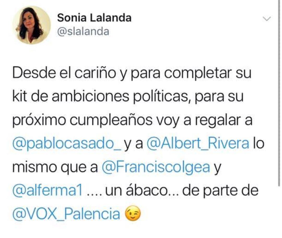 Mensaje dejado por Sonia Llanda de Vox en las redes