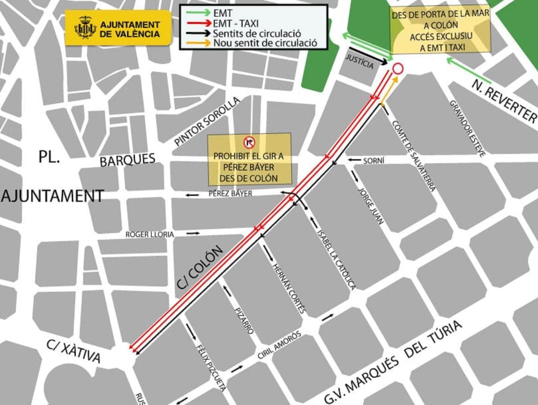 Mapa del nuevo diseño de la calle colón de València que prepara la concejalía de Movilidad.