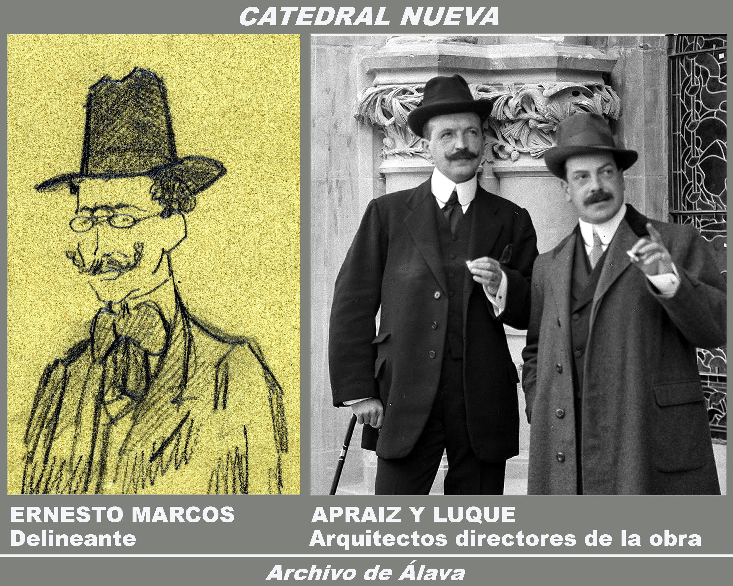 Ernesto Marcos, delineante, Apraiz y Luque; arquitectos y directores de la obra (Archivo de Álava)
