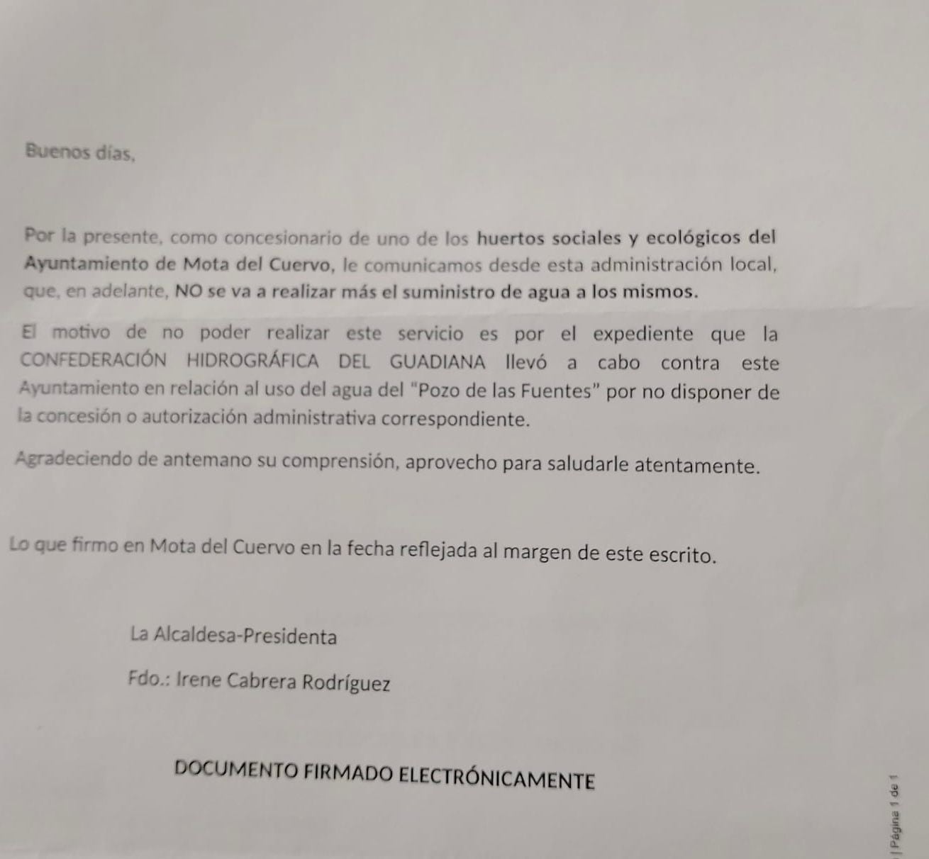 Carta enviada a los usuarios de los huertos urbanos en la que se refleja el final del suministro del agua