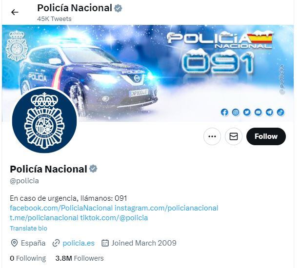 Perfil de la Policía Nacional en Twitter