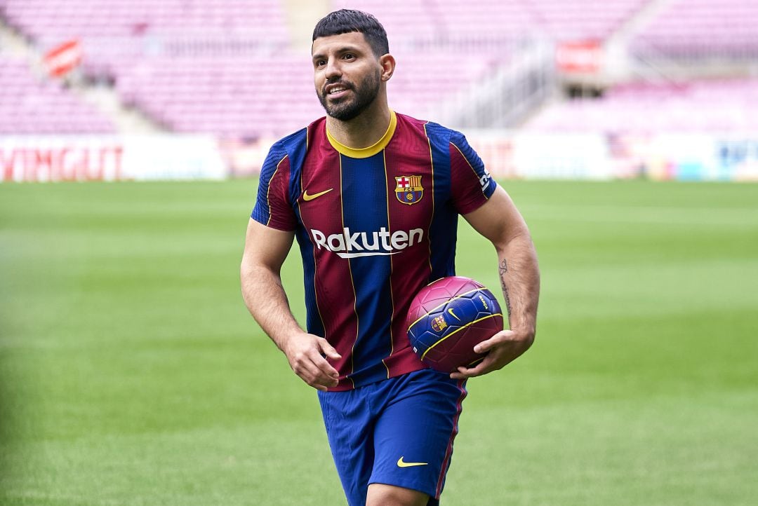 Kun Agüero, en la presentación con el Barça