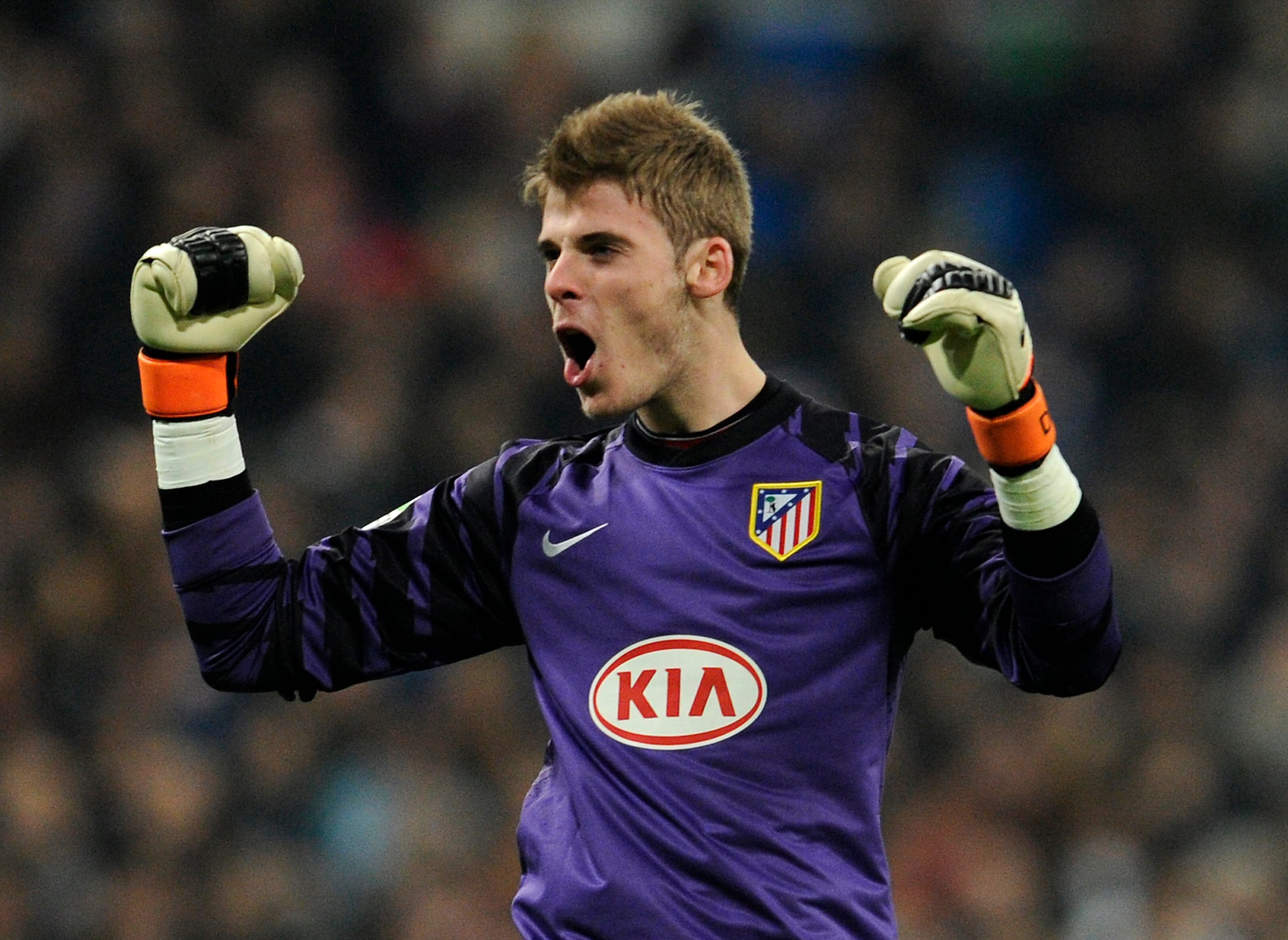 De Gea celebra un gol durante su etapa en el Atlético