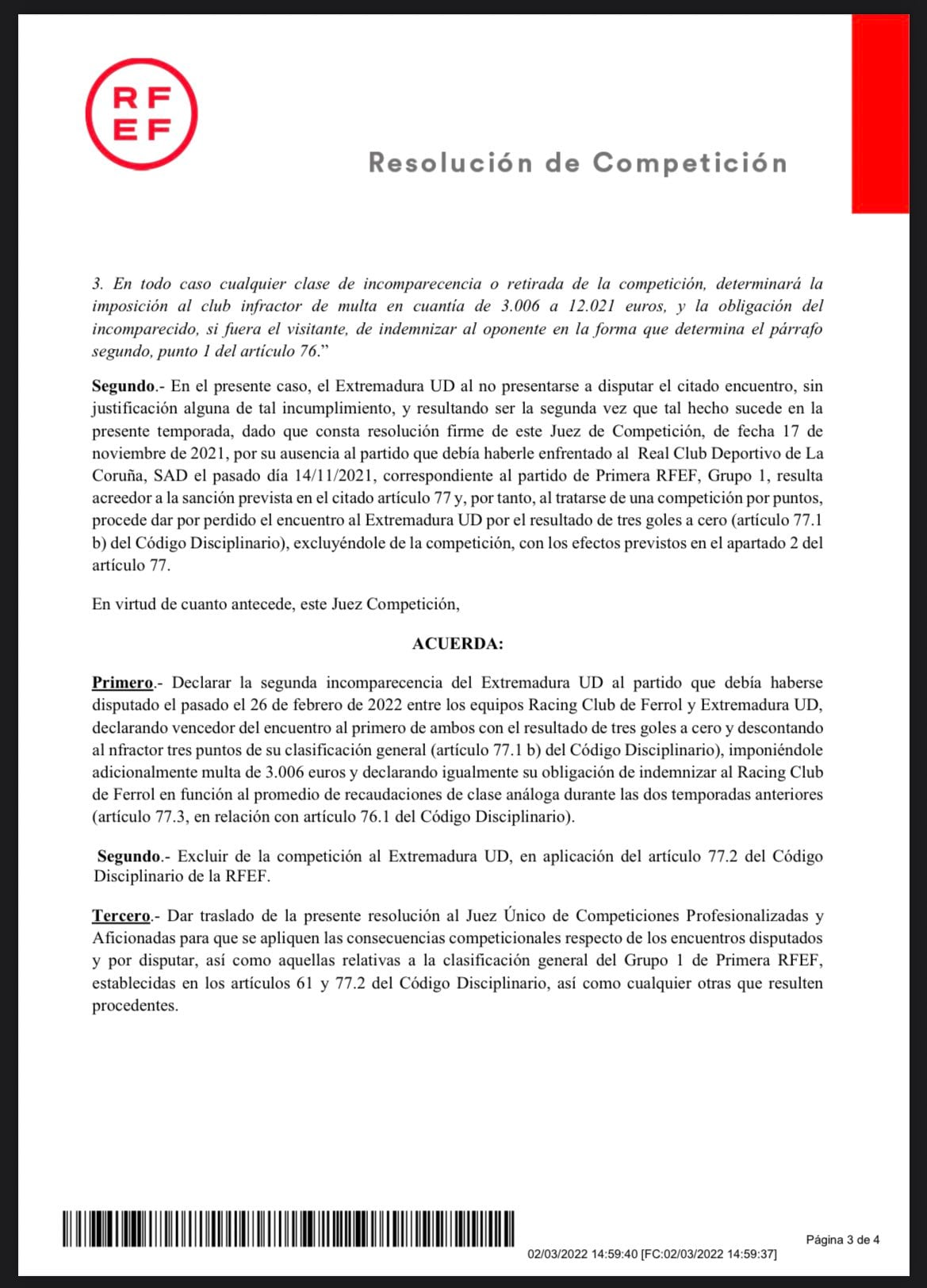 Acuerdo de expulsión del Extremadura UD