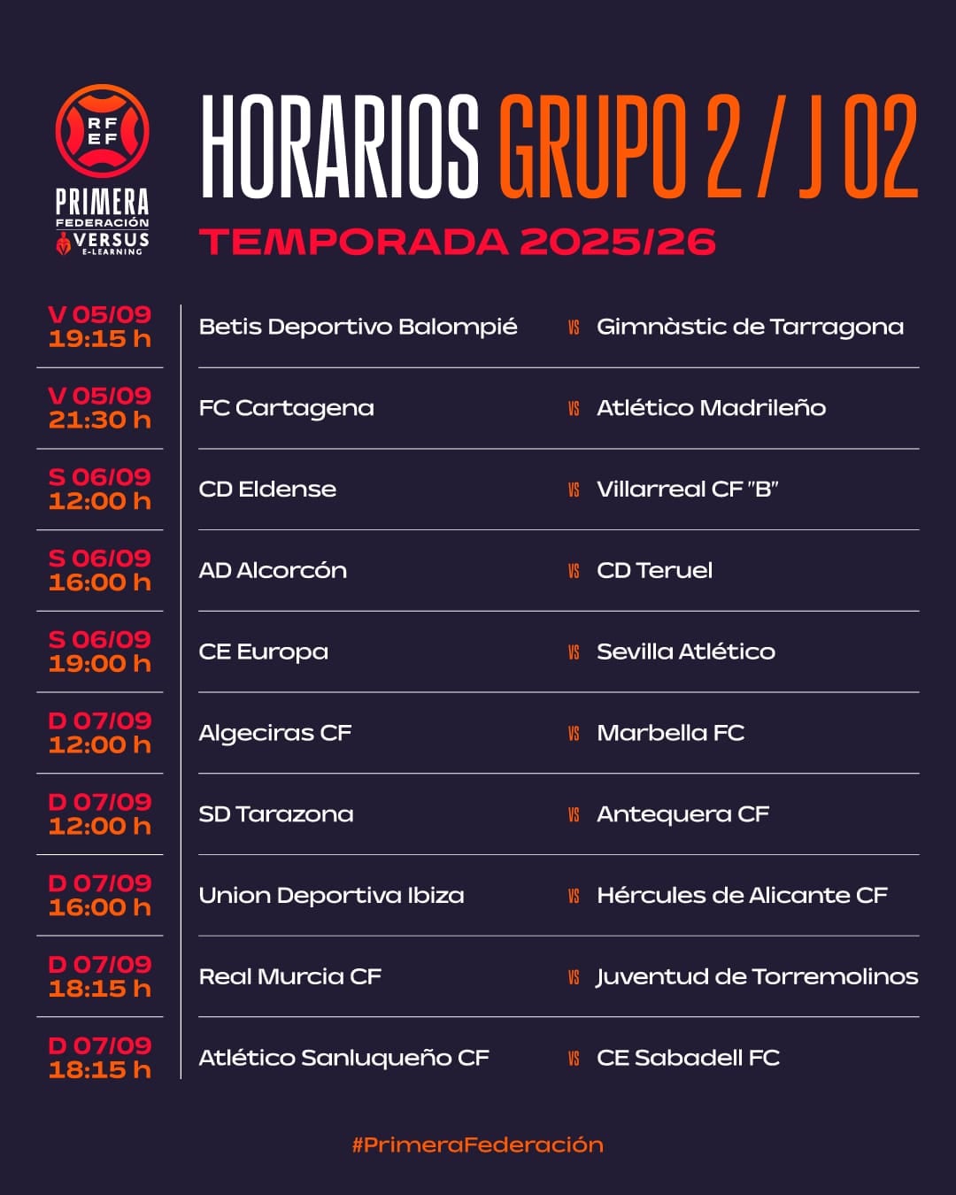 Horarios de la segunda jornada
