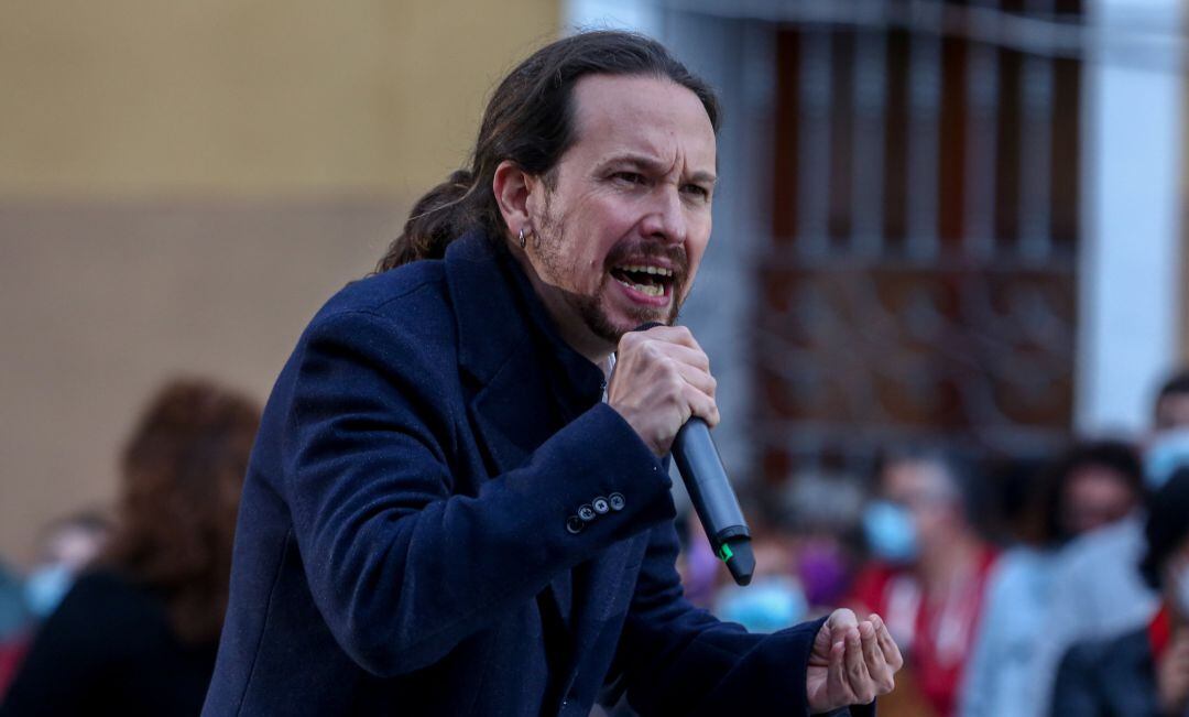 El candidato de Unidas Podemos a la Presidencia de la Comunidad, Pablo Iglesias durante un acto del partido.