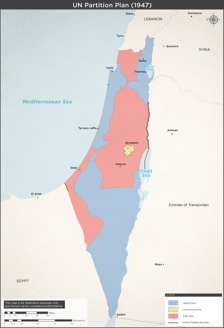 MAPA 1. Partición de Palestina e Israel según la Resolución 181 de Naciones Unidas. En rojo los territorios palestinos y en azul los israelíes. Jerusalén, con estatus especial, es zona internacional