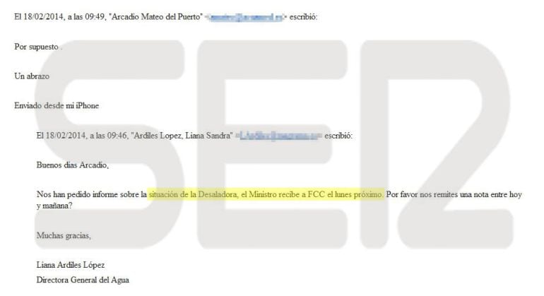 Correo electrónico enviado por la vicepresidenta de Acuamed, Liana Ardiles, en el que pide un informe para la reunión que iba a mantener el entonces ministro de Agricultura, Miguel Arias Cañete, con FCC