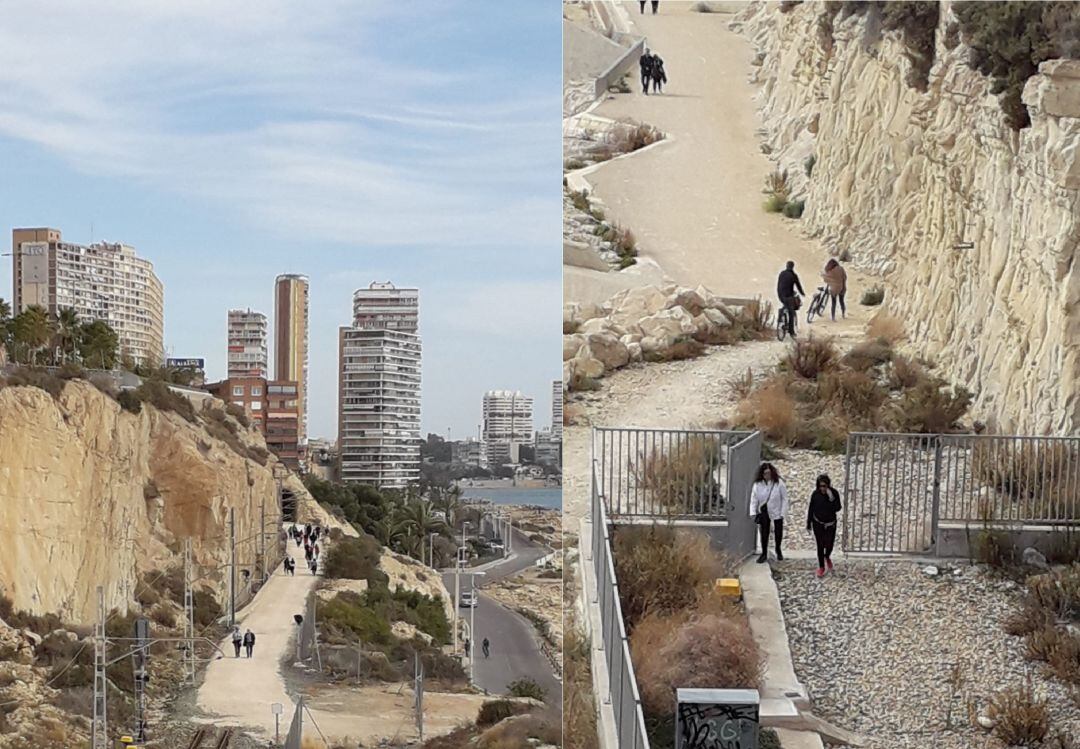Ciudadanos usando la futura vía verde de la Albufereta, aprovechando la retirada de las vías del TRAM