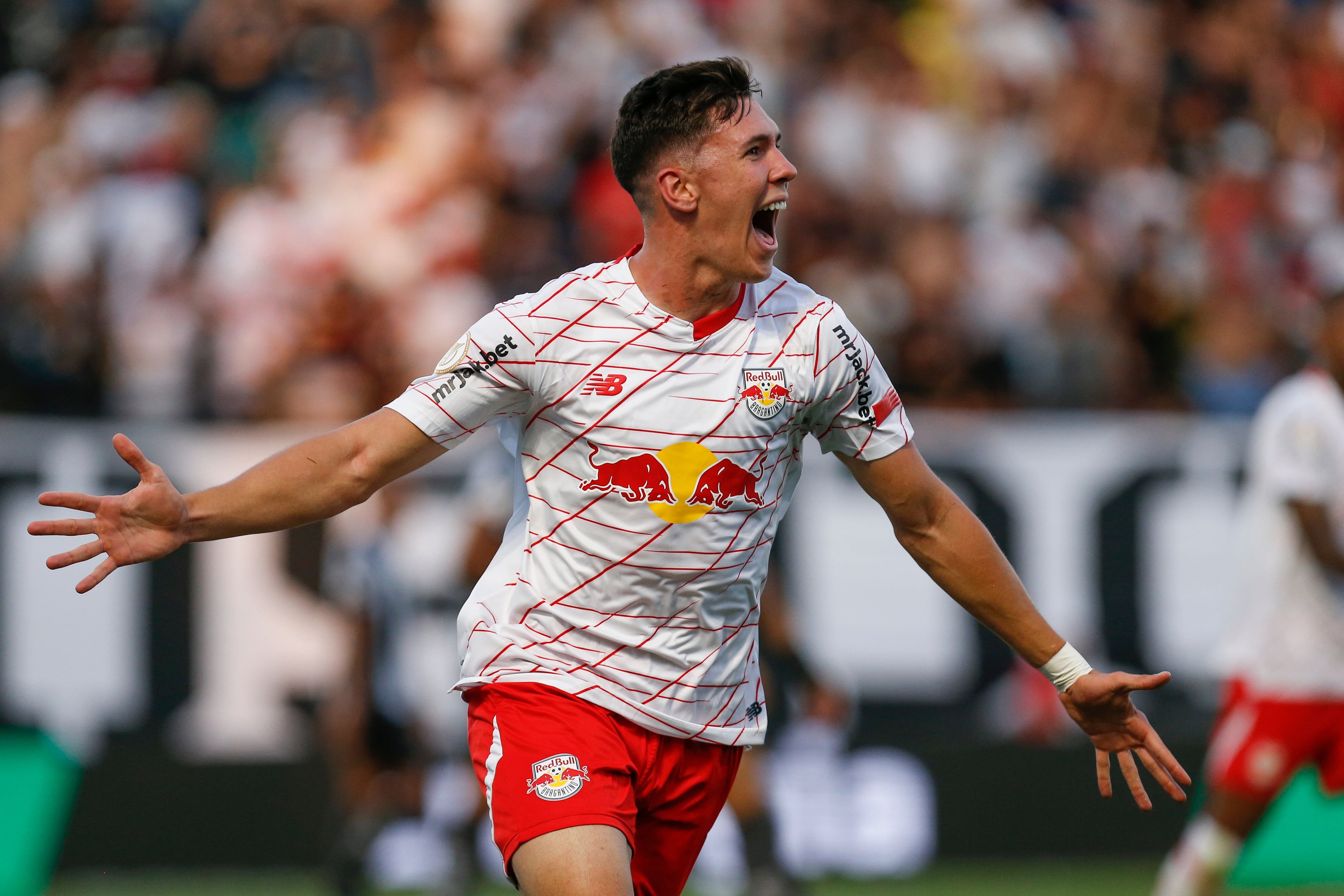 SAO PAULO, BRAZIL - NOVEMBER 12: Thiago Borbas of Red Bull Bragantino celebrates after scoring the team´s second goal during the match between Red Bull Bragantino and Botafogo as part of Brasileirao Series A 2023  at Nabi Abi Chedid on November 12, 2023 in Sao Paulo, Brazil. (Photo by Ricardo Moreira/Getty Images)