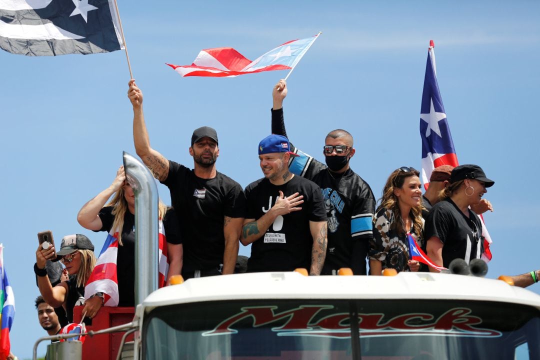 Puerto Rican celebrities including Residente, Bad Bunny and Ricky Martin join demonstrators during a protest calling for the resignation of Governor Ricardo Rossello in San Juan, Puerto Rico July 22, 2019