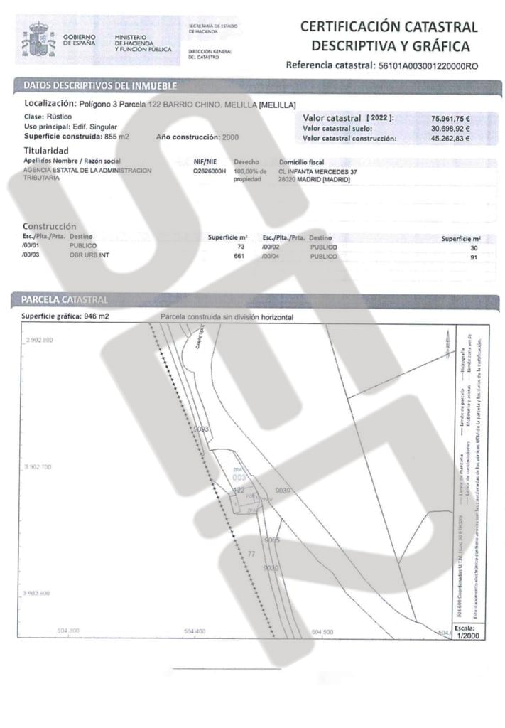 Documento del registro catastral que acredita que el titular del suelo en el que tuvo lugar la tragedia de Melilla es el Ministerio de Transportes