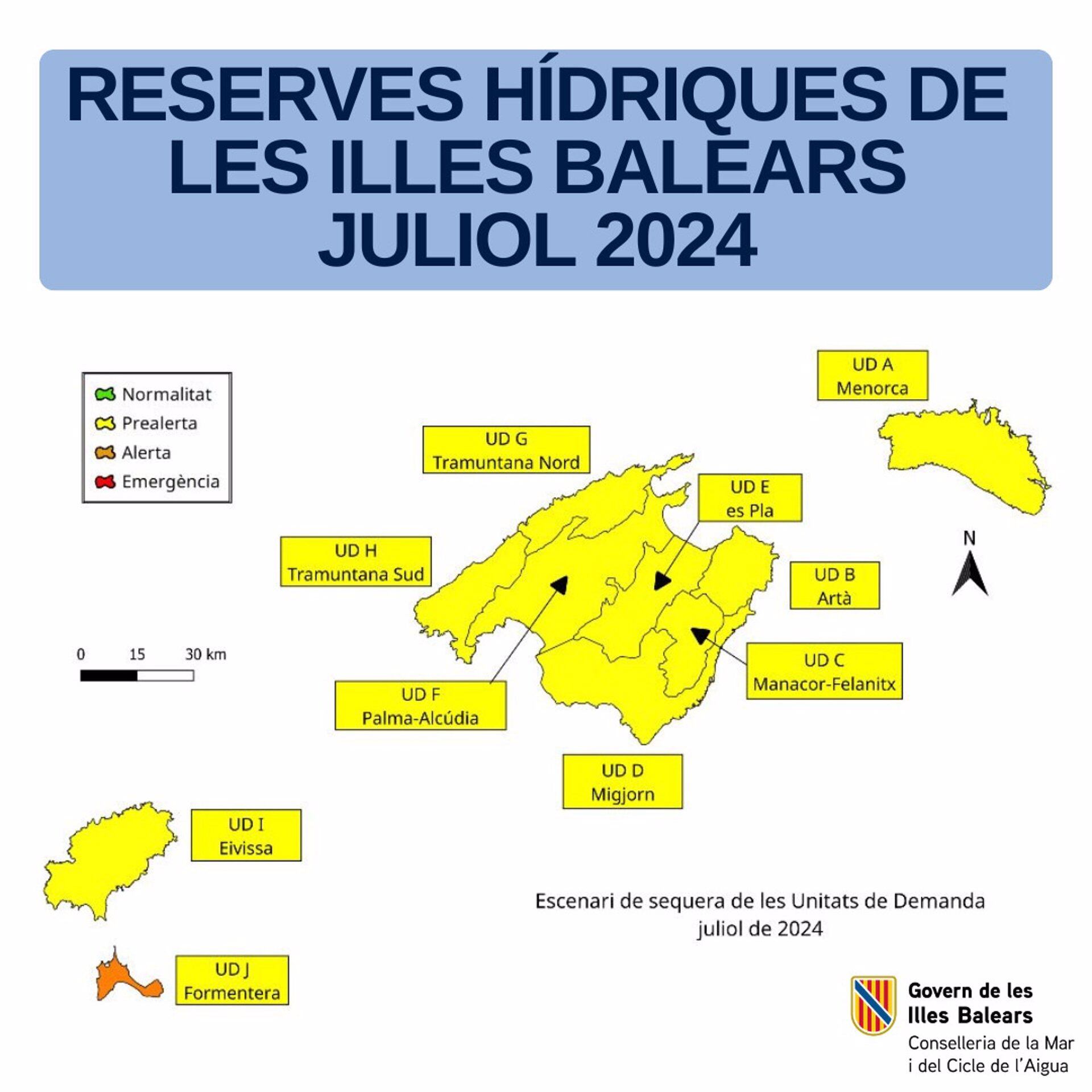 04/08/2024 Las reservas hídricas de Baleares descienden al 46% durante el mes de julio.

Las reservas hídricas de Baleares han descendido al 46% durante julio, con la Unidad de Demanda de Formentera entrando en escenario de alerta, y las otras nueve manteniendo escenario de prealerta.

POLITICA 
CAIB
