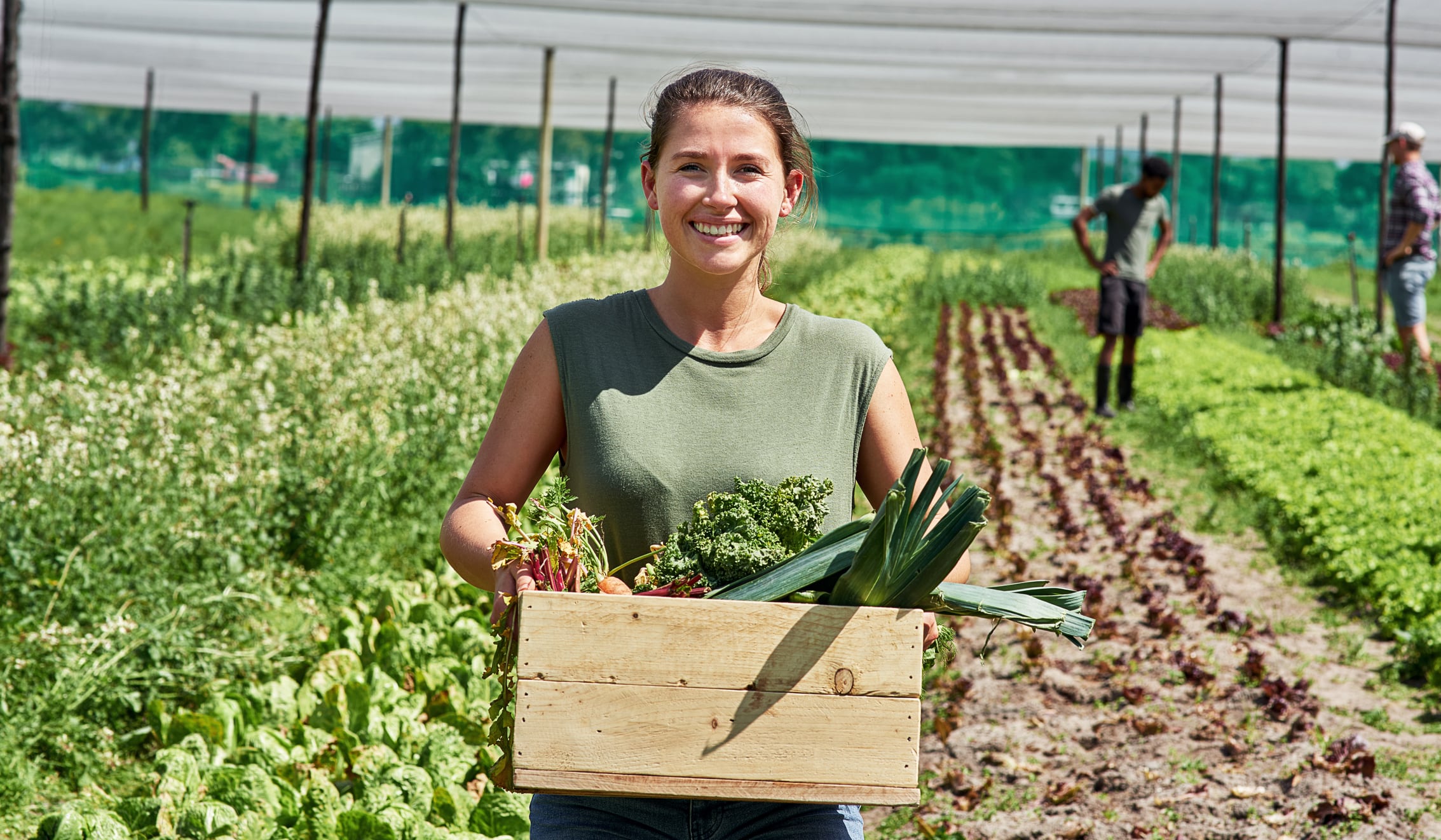 Una joven agricultora recolecta sus vegetales