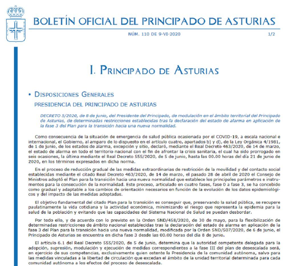 El Boletín Oficial del Principado recoge hoy el Decreto de la Presidencia del Principado