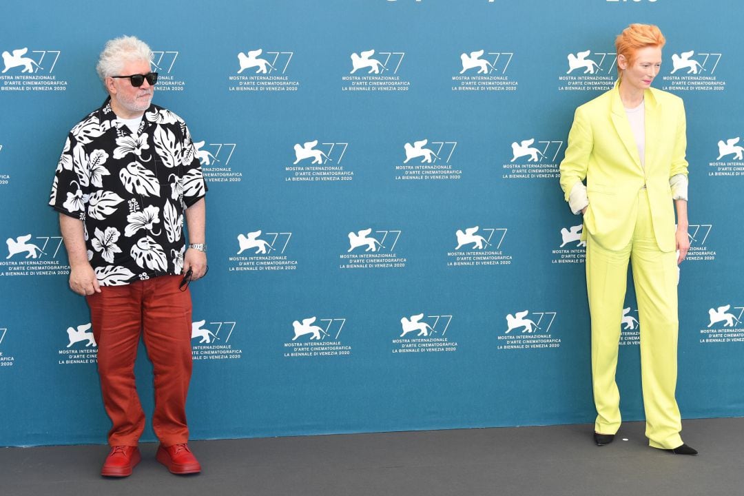 Director Pedro Almodóvar and Tilda Swinton attend the photocall of the movie &quot;The Human Voice&quot; at the 77th Venice Film Festival on September 03, 2020 in Venice, Italy