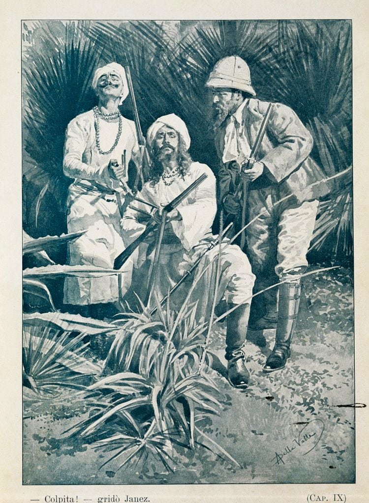 UNSPECIFIED - CIRCA 1995: Emilio Salgari (1863-1911), Sandokan, To conquer an Empire. Illustration with Sandokan, Yanez and Tremal-Naik in the jungle. Donath edition, Genoa, 1907. (Photo By DEA PICTURE LIBRARY/De Agostini via Getty Images)