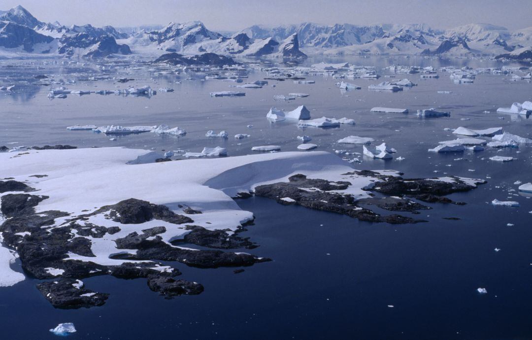 Vista aérea de una de las islas de la Antártida argentina.